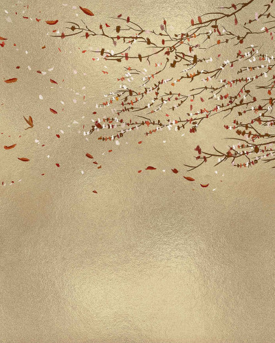 Tapet lavabil cu design elegant, inspirat de natura. Fundal auriu cu ramuri delicate si flori.