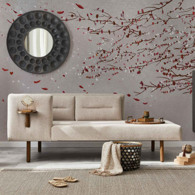 Tapet lavabil cu design modern, cu ramuri cu flori roz pal pe fundal argintiu