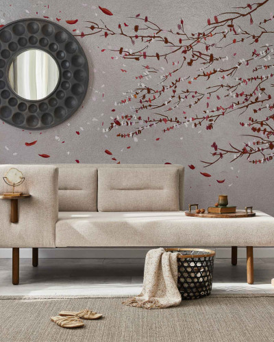 Tapet lavabil cu design modern, cu ramuri cu flori roz pal pe fundal argintiu