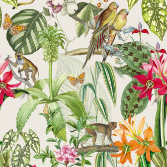 Tapet cu papagali, flori tropicale și vegetație luxuriantă într-un decor interior modern.