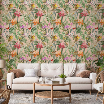 Tapet exotic cu papagali, flori și maimuțe într-un interior modern
