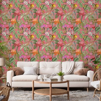 Tapet floral cu papagali și flori roz