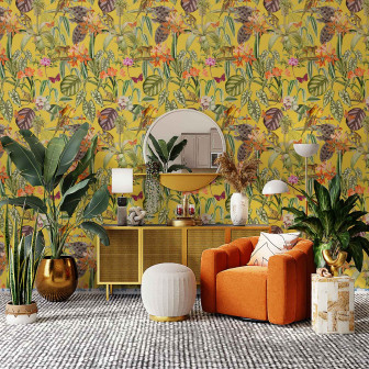 Tapet cu păsări și plante exotice pe fundal galben