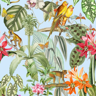 Tapet cu papagali și flori tropicale într-un living modern