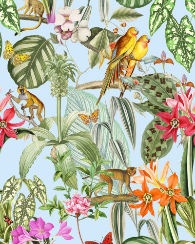 Tapet cu papagali și flori tropicale într-un living modern