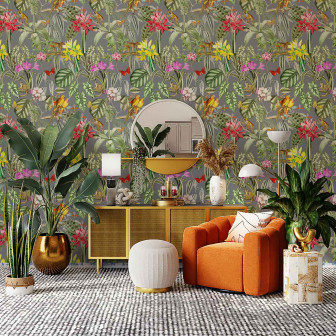 Tapet exotic cu papagali și vegetație luxuriantă