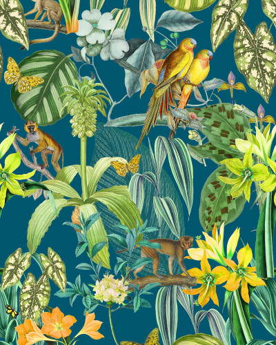 Tapet cu design exotic cu papagali și elemente vegetale