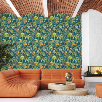 Tapet cu design exotic cu papagali și elemente vegetale