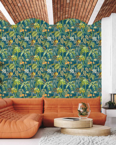 Tapet cu design exotic cu papagali și elemente vegetale