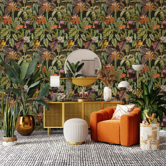 Tapet floral antracit cu papagali și plante tropicale