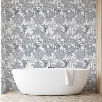 Tapet cu model de palmieri gri într-o baie modernă