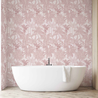 Tapet cu palmieri roz într-o baie modernă