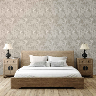 Tapet cu model de palmieri într-un dormitor