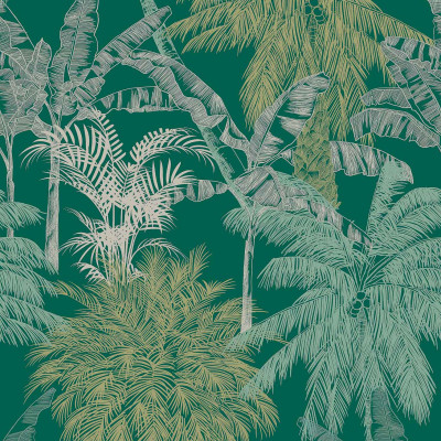 Tapet cu design tropical de palmieri într-un dormitor modern.