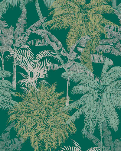 Tapet cu design tropical de palmieri într-un dormitor modern.
