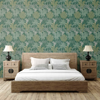 Tapet cu design tropical de palmieri într-un dormitor modern.