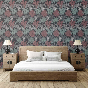 Tapet cu model palme corai într-un dormitor amenajat