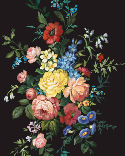 Tapet cu flori multicolore pe fond negru intens, prezentat într-un decor de sufragerie rustic.