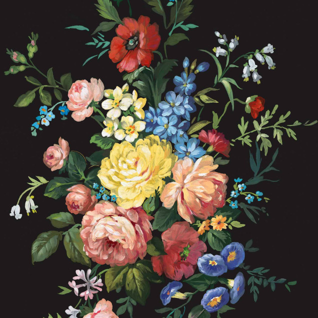 Tapet cu flori multicolore pe fond negru intens, prezentat într-un decor de sufragerie rustic.