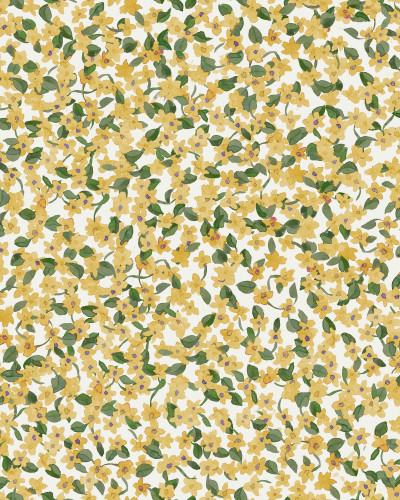 Tapet cu model floral galben si verde intr-o camera rustica
