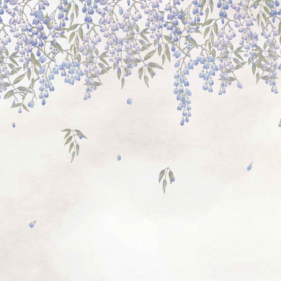 Fototapet floral cu nuante indigo într-un dormitor