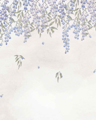Fototapet floral cu nuante indigo într-un dormitor