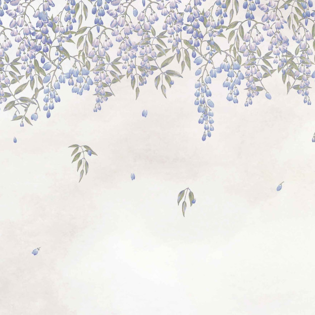 Fototapet floral cu nuante indigo într-un dormitor