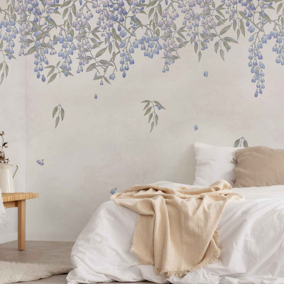 Fototapet floral cu nuante indigo într-un dormitor