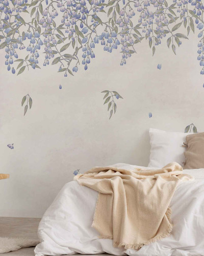 Fototapet floral cu nuante indigo într-un dormitor