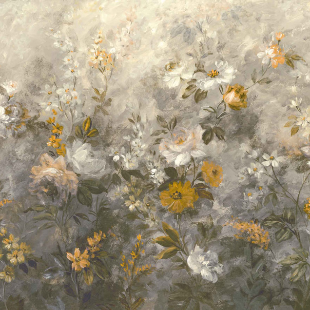 Tapet floral cu flori galbene pe un perete de mansarda