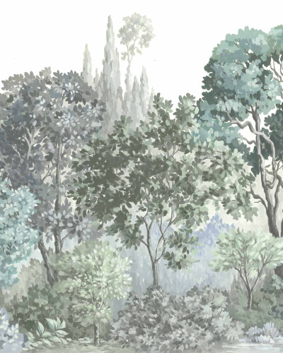 Tapet cu design de pădure într-un dormitor
