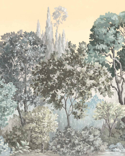 Tapet cu design de pădure într-un dormitor