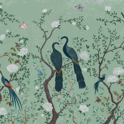 Tapet cu design floral și păsări într-un interior elegant