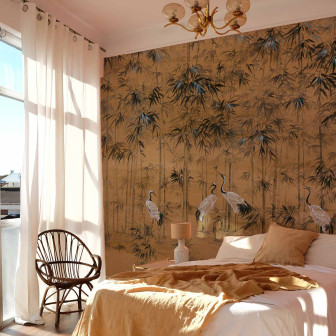 Tapet Garzas, Ocher, Coordonne Tapet decorativ cu garze și bambus în nuanțe de ocru