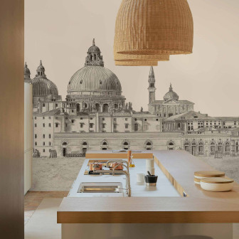 Tapet cu design arhitectural elegant Tapet cu design arhitectural complex, vedere spre oraș