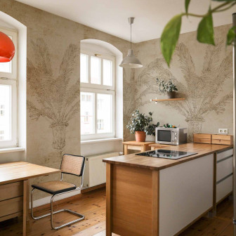 Tapet cu model floral într-o bucătărie modernă