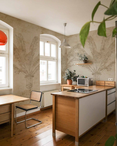 Tapet cu model floral într-o bucătărie modernă