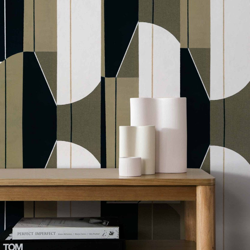 Tapet cu design geometric argintiu și negru