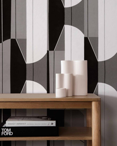 Tapet cu design geometric argintiu și negru