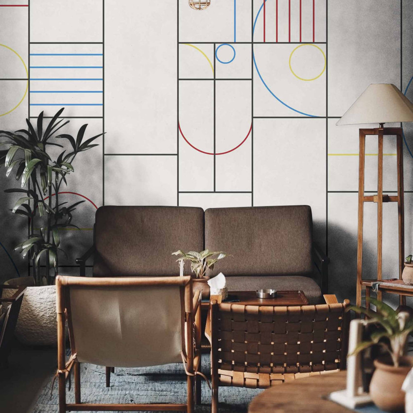 Tapet geometric bej și roșu în bucătărie