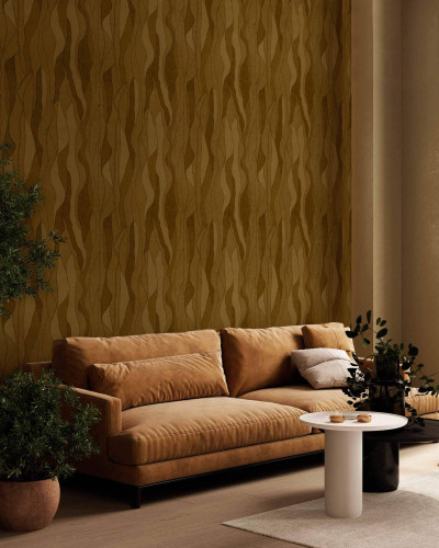 Tapet abstract auriu intr-un living modern