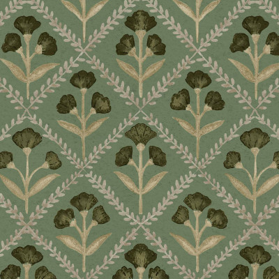 Tapet floral verde smarald într-o baie cu mobilier vintage