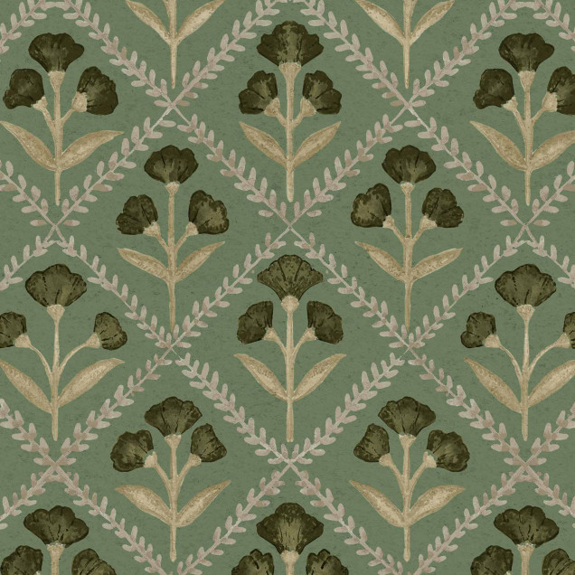 Tapet floral verde smarald într-o baie cu mobilier vintage