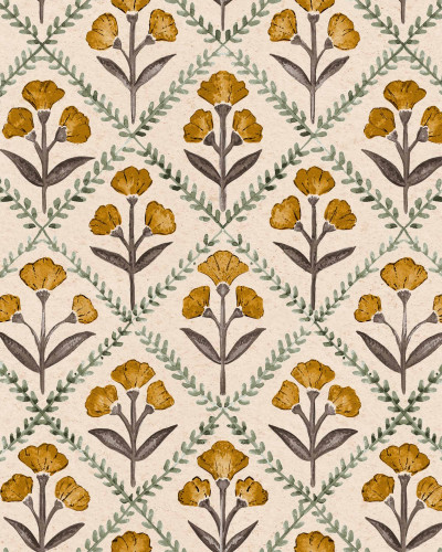 Tapet floral cu design vintage în nuanțe de curry