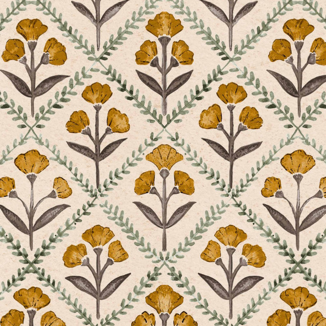 Tapet floral cu design vintage în nuanțe de curry