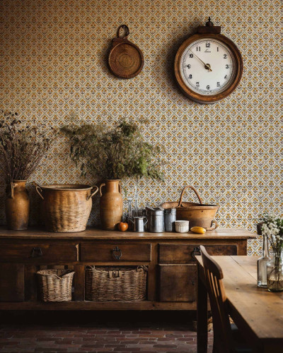 Tapet floral cu design vintage în nuanțe de curry