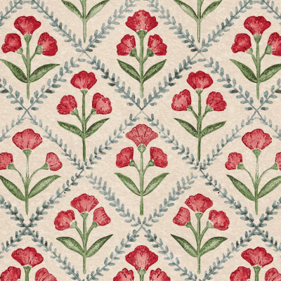 Tapet floral roșu într-o baie cu design vintage