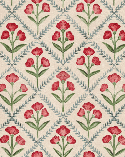 Tapet floral roșu într-o baie cu design vintage