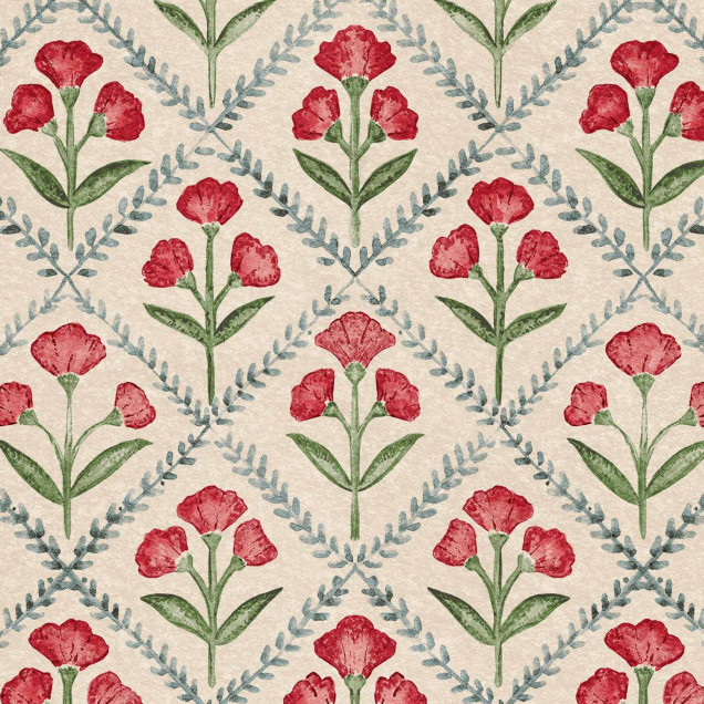 Tapet floral roșu într-o baie cu design vintage
