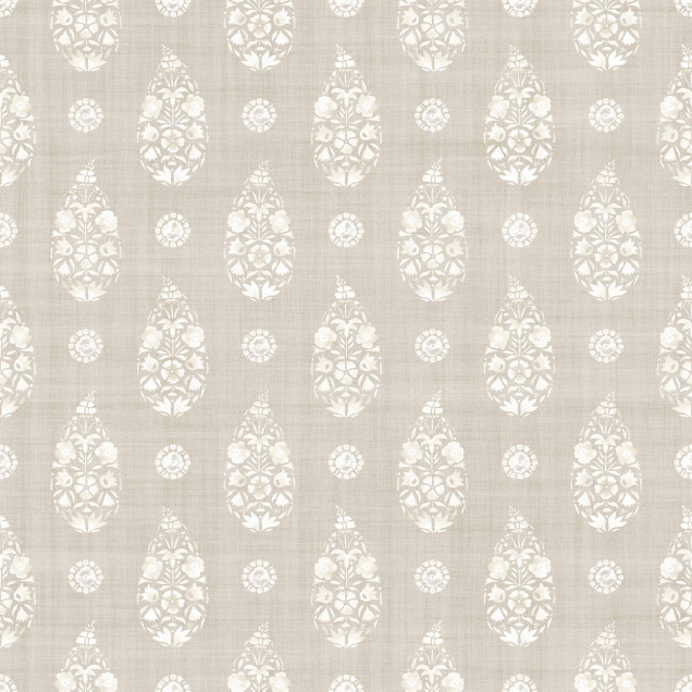 Tapet cu model paisley taupe într-un dormitor